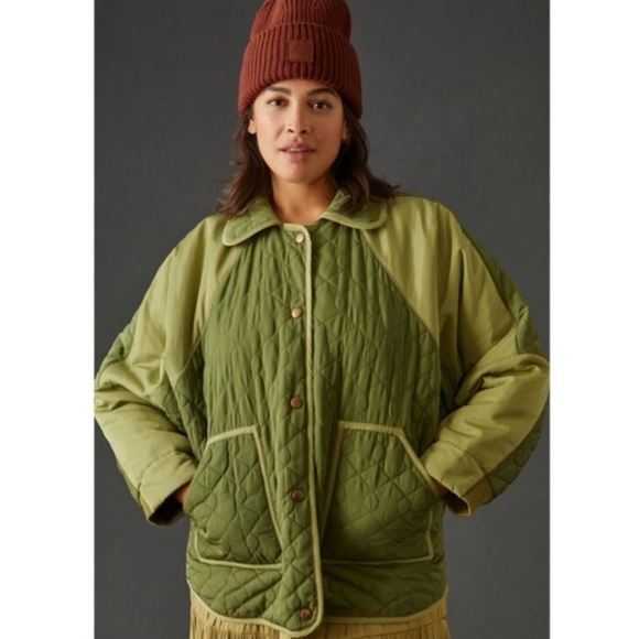 Anthropologie Pilcro Quilted Mixed-Media Bomber Jacket in Moss Green 2X NWT - Picture 2 of 10